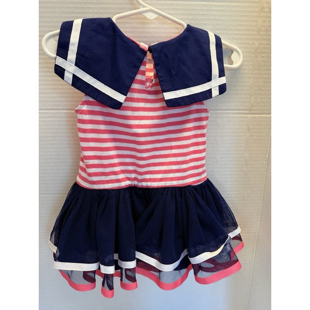 Youngland | Girls Sz 24 mos. Navy White Pink Ruffle  Dress Nautical Style Perown - Picture 2 of 9